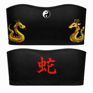“Front view of black snake Chinese zodiac tube top with yin yang symbol” “Back view of snake zodiac tube top with red serpent glyph” “Close‑up of serpent artwork on snake zodiac shirt” “Black tube top featuring Chinese zodiac snake design” “Yin yang symbol on snake zodiac apparel”