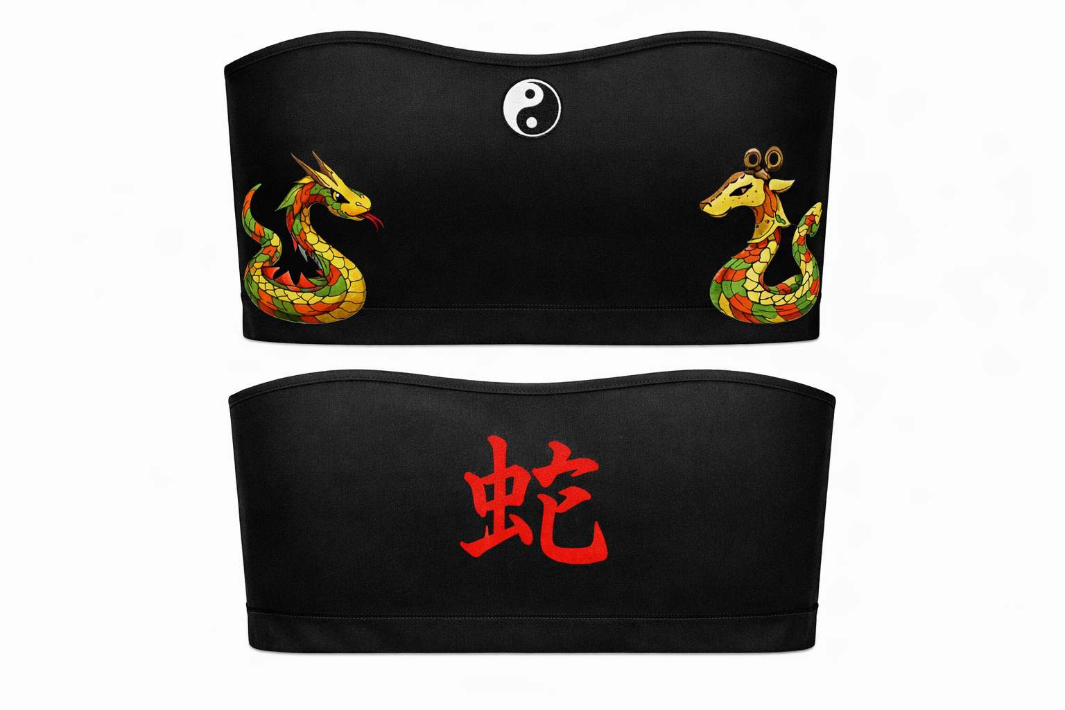 “Front view of black snake Chinese zodiac tube top with yin yang symbol” “Back view of snake zodiac tube top with red serpent glyph” “Close‑up of serpent artwork on snake zodiac shirt” “Black tube top featuring Chinese zodiac snake design” “Yin yang symbol on snake zodiac apparel”